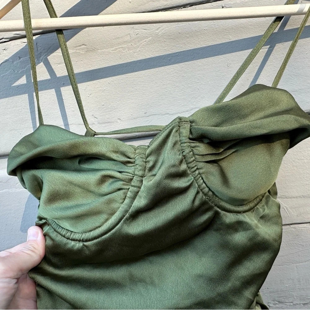 Mistress Rocks 'AFTERGLOW' Olive Asymmetric Ruched Mini Dress size XS - Picture 6 of 9